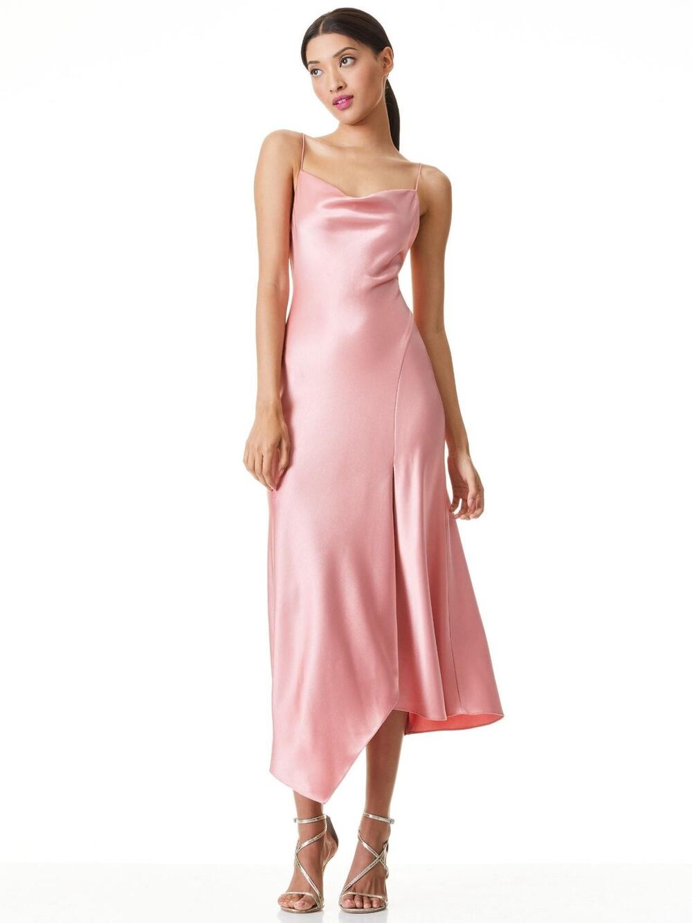 Alice + Olivia Harmony Pink Satin Asymmetric Midi Dress Size 8 NWT Designer